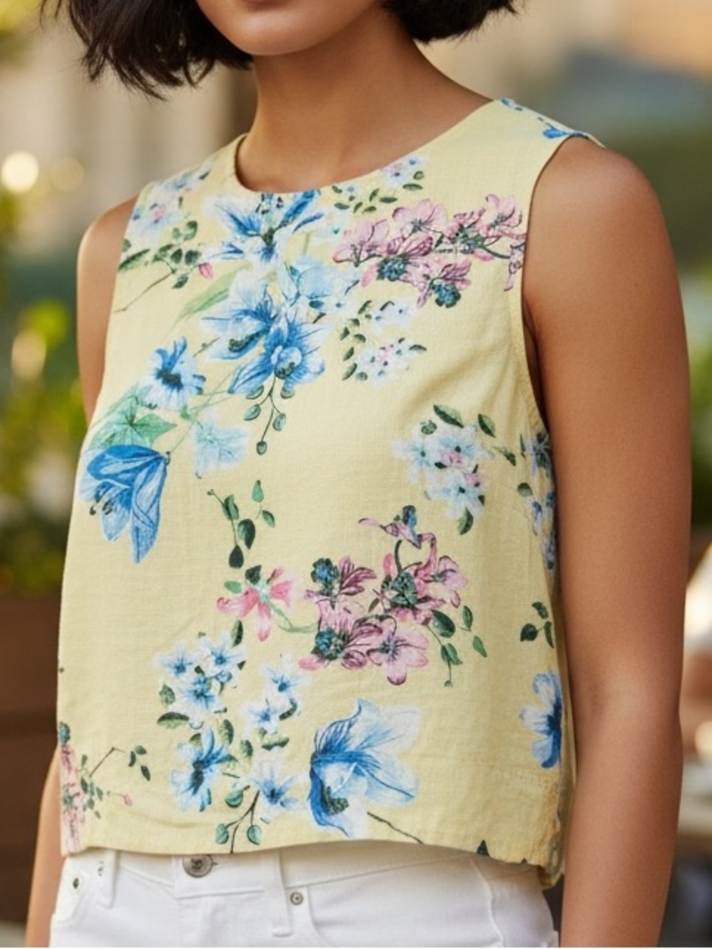 TAMARA H. Linen Blend Floral Print Sleeveless Top, SMALL